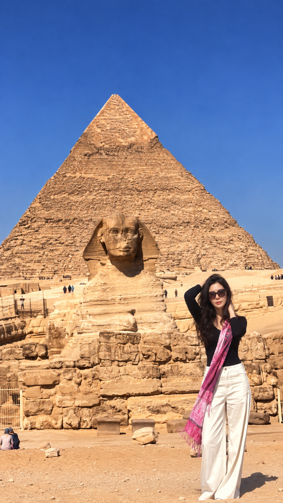 Anna Cheung visiting the pyramids and the Great Sphinx in Giza, Egypt