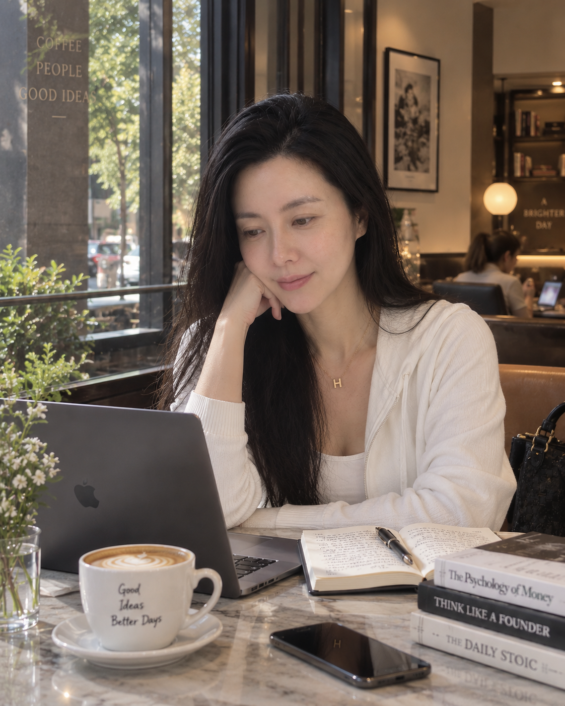 Anna Cheung reading and researching at a cafe